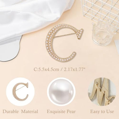 A-Z Initial 26 Letter Brooch Pins, Gold Faux Pearl Alphabet Badges Breastpin for Hat Bag Dress Coat Suit Accessory, Elegant Name Personalized Gifts for Women Men - color: C