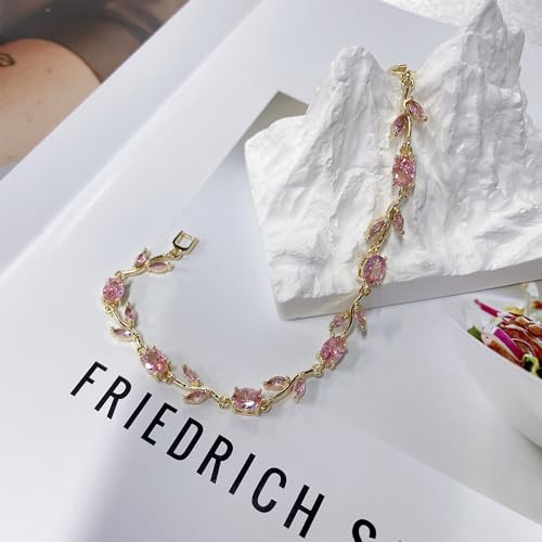 Dainty Crystal Flower Leaf Bracelet for Women Gold-Tone/Silver Plated Sparkling Oval Cz Cubic Zirconia Floral Tennis Bracelets Sweet Fine Bridal Wedding Party Prom Fashion Jewelry 7.28inch - color: Gold-Tone