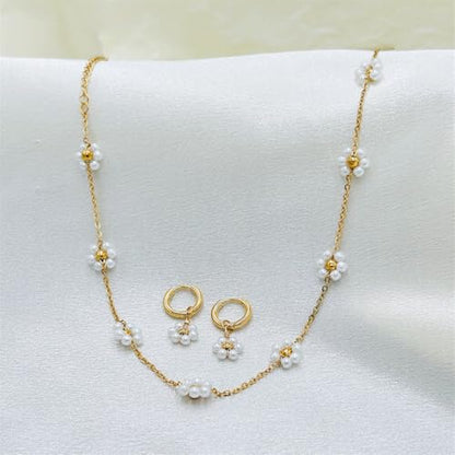 Daisy Pearl Jewelry Set for Women, 14K Gold Plated Stainless Steel Necklace Bracelet Earring 3 Piece Set, Dainty Pearl Choker Flower Necklace Birthday Gift for Her - color: Gold Pearl White