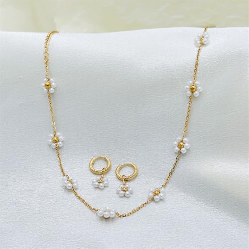 Daisy Pearl Jewelry Set for Women, 14K Gold Plated Stainless Steel Necklace Bracelet Earring 3 Piece Set, Dainty Pearl Choker Flower Necklace Birthday Gift for Her - color: Gold Pearl White