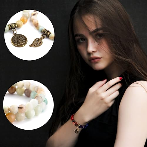 Bivei Natural Semi Precious Gemstone beads bracelet for women - Life Tree and Leaf Charm Energy Reiki Crystal Stretch Bracelets - color: Amazonite Bracelet Set, size: Small:6.61-6.7inch