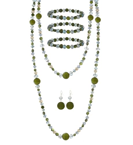 Trendy Infinity Wrap 60’’ Long Statement Necklace, Earrings and Bracelet Set - Hand Knotted Versatile Crystal and Shell Beads Strand Necklace and Chunky Beaded Stretch Bracelet Stack – Jewelry Set Gift for Women - color: Olive Green
