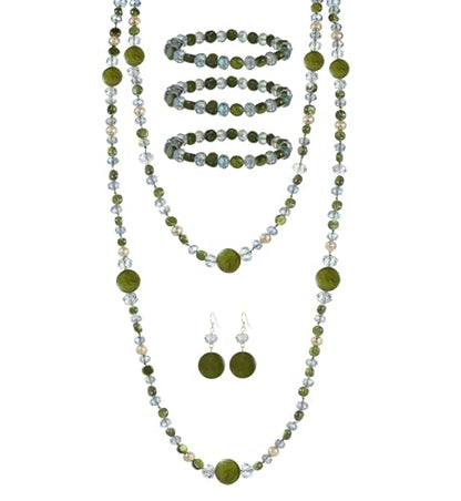Trendy Infinity Wrap 60’’ Long Statement Necklace, Earrings and Bracelet Set - Hand Knotted Versatile Crystal and Shell Beads Strand Necklace and Chunky Beaded Stretch Bracelet Stack – Jewelry Set Gift for Women - color: Olive Green