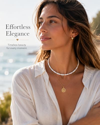 Natural Heishi Gemstone Choker Necklace for Women, Adjustable 15"+2" Beaded Layering Necklace, Coastal Beach Jewelry Gift for Her - color: Mother of Pearl