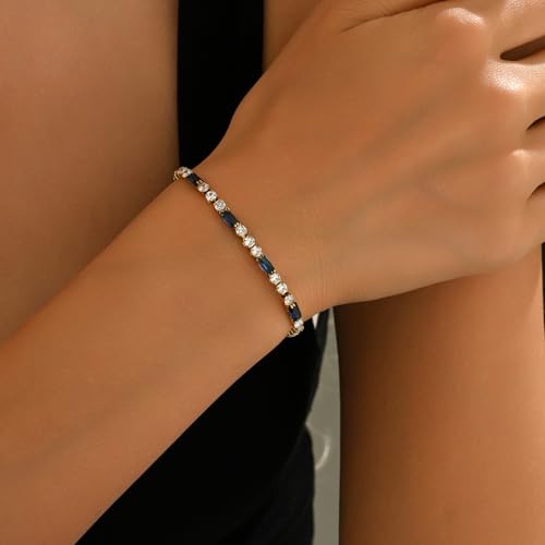 Tennis Bracelet for Women 18K Gold Plated White Red Green Black Blue Pink 3mm Cubic Zirconia Bracelet Dainty Diamond Adjustable Bracelet Trendy Jewelry Gift - color: Blue Tennis-Gold