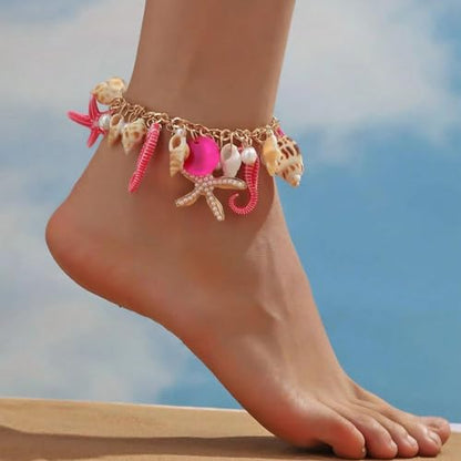 RUOFFETA Shell Starfish Necklace Bracelet Conch Statement Chunky Necklace Mermaid Costume Jewelry Beach Jewelry for Women - style: Anklet Hot Pink