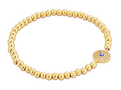 Women Evil Eye Ball chain Elastic bracelet with CZ Cubic Zirconia - color: Gold