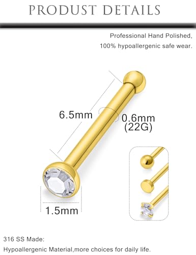 Hoeudjo Nose Studs Surgical Steel Cubic Zirconia Nose Rings Kit for Women Men Tiny Nose Stud Screw & Bone & L Shaped Nostril Rings Piercing Jewelry 22 Gauge 16 Pieces - color: nose bone studs, gold-tone