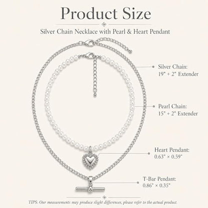 Layered Necklaces for Women Pearl Necklace Stack Gold T Bar Necklace Set Dainty Heart Pendant Jewelry Trendy 2026 Fashion Accessories Gifts - color: A2:2pcs-silver