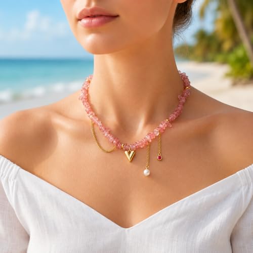 Pink Natural Stone Heart Pendant Necklace for Women, 18K Gold Stainless Steel Beaded Choker Necklace, Romantic Layered Jewelry