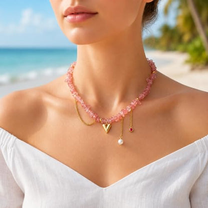 Pink Natural Stone Heart Pendant Necklace for Women, 18K Gold Stainless Steel Beaded Choker Necklace, Romantic Layered Jewelry