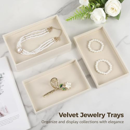 OMISTAR 8 Pcs Velvet Jewelry Trays, Stackable Jewelry Drawers Organizer Trays, Beige Wooden Jewelry Storage Trays 8.3 x 4.9 x 0.9 in, Jewelry Trays for for Earring Ring Necklace Pendants Bracelet