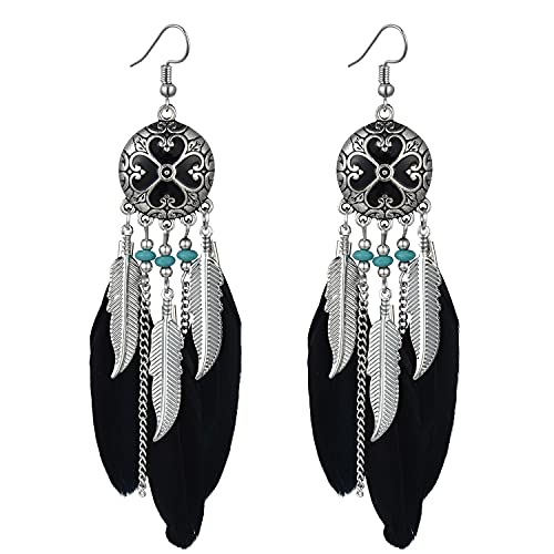 Dreuyet Boho Long Feather Drop Dangle Earrings for Women Retro Bohemian Ethnic Fringe Multicolor Tassel Feather Earring Handmade Statement Dream Catcher Earrings Jewelry - color: Black Round Heart