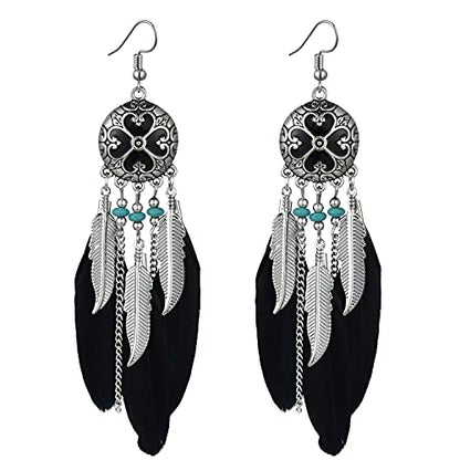 Dreuyet Boho Long Feather Drop Dangle Earrings for Women Retro Bohemian Ethnic Fringe Multicolor Tassel Feather Earring Handmade Statement Dream Catcher Earrings Jewelry - color: Black Round Heart