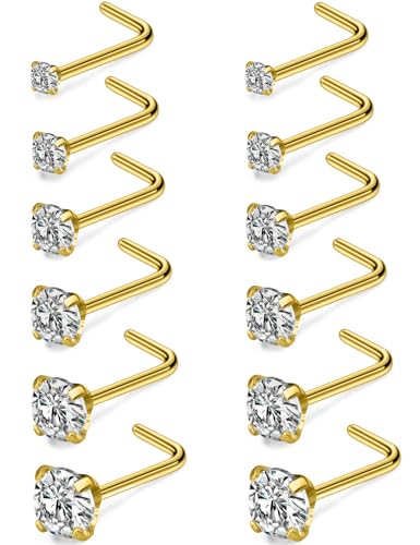 Cisyozi 18G Nose Rings Studs Hypoallergenic Nose Piercings 316L Surgical Steel Silver Nose Rings Set L Shaped Nose Nostril Piercing Jewelry for Women Men Diamond CZ 1.5mm 2mm 2.5mm 3mm 3.5mm 4mm - color: 18G - Gold - CZ 1.5mm 2mm 2.5mm 3mm 3.5mm 4mm