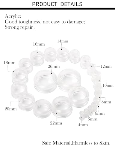 6G-26mm Acrylic Plastic Ear Gauges Tunnels Stretching Kit Double Flared Plugs Tunnels Expanders Stretcher Saddle Gauges Earrings for Men Women Black White Clear - color: Clear 6G-26mm