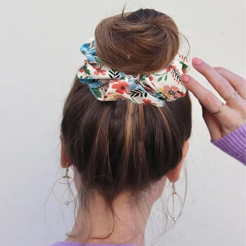 6 PACK Hair Scrunchies, Hair Elastics Bands Floral Hair Scrunchie, Elastic Rubber Bands Chiffon Hair Scrunchies for Thick Curly Hair Flower Hair Ties Hair for Women Girls