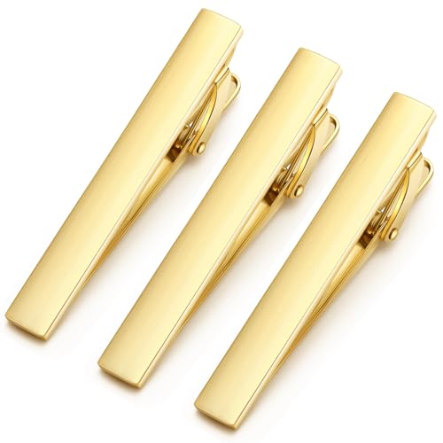 HONEY BEAR 2.12" Standard Tie Clip Bar 3-Piece Set for Men Wedding Business | Classic Minimalist, Steel-Plated Copper Base, Gift-Boxed, Thickened, Rounded Corners, Easy to Slide On, No Snag or Wrinkle - style: Gold Brushed Horizontal with box
