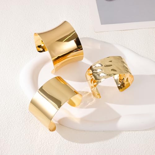 3PCS Chunky Cuff Bracelets for Women Irregular Minimalist Statement Bangle Bracelets Set Open Wide Wire Grooved Hammered Bangle Bracelet Gold Sliver Wrist Cuff Wrap Bracelet Adjustable - color: Gold Cuff Bracelets D