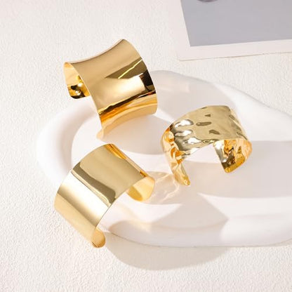 3PCS Chunky Cuff Bracelets for Women Irregular Minimalist Statement Bangle Bracelets Set Open Wide Wire Grooved Hammered Bangle Bracelet Gold Sliver Wrist Cuff Wrap Bracelet Adjustable - color: Gold Cuff Bracelets D