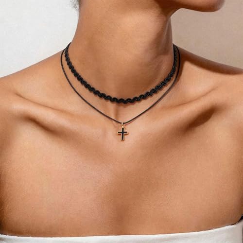 Black Necklaces for Women,Adjustable Layered Collar,Goth Jewelry - color: Double-Layer Cross