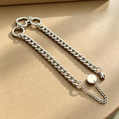 Slip Chain Necklace for Women Gothic Stainless Steel Bar Pendant Cuban Link Necklaces Adjustable Goth O Ring Long Necklaces Punk Rock Collar Choker Trendy Lariat Y Necklace - color: Silver heart ring