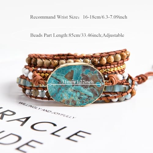 YGLINE Boho Handmade Wrap Leather Tube Crystal Stone Bracelet for Women - color: Jasper-5w