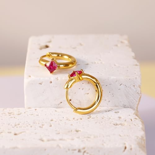 316L Surgical Steel Birthstone Hoop Earrings for Women | Lightweight, 5A Cubic Zirconia, Hypoallergenic, Lead & Nickel Free, 8mm Huggie Hoops - color: 18k gold-plated: 07. July (Ruby)