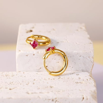 316L Surgical Steel Birthstone Hoop Earrings for Women | Lightweight, 5A Cubic Zirconia, Hypoallergenic, Lead & Nickel Free, 8mm Huggie Hoops - color: 18k gold-plated: 07. July (Ruby)