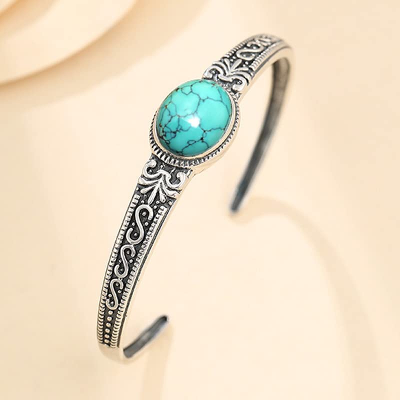 Bohemian Natural Stone Turquoise Engraved Cuff Bracelet Adjustable Wrap Bangle Western National Style for Women Gemstone Boho Jewelry - color: C