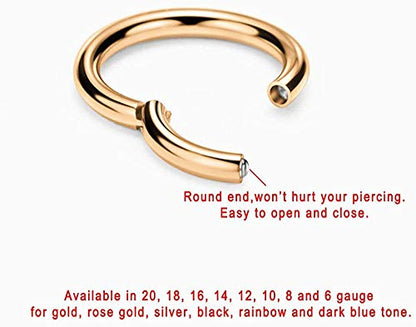 316L Surgical Steel Hypoallergenic Hinged Nose Ring Hoop for Women & Men | Seamless Clasp, Used in Nostril, septum, lip, and all ear piercings. 20 Gauge to 6 Gauge, Inner Diameter 5mm to 22mm - color: 18k rose gold-plated, size: 8 Gauge 10mm