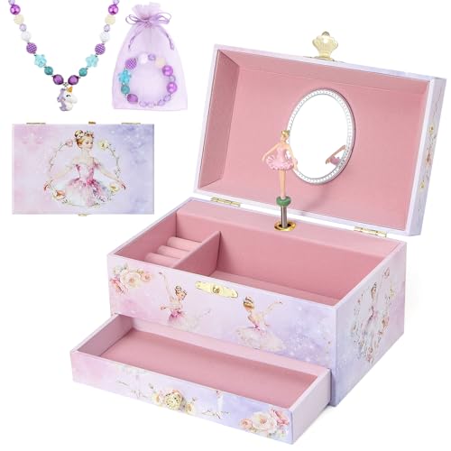 Music Jewellery Box with Drawer Necklace Bracelet, Musical Jewelry Storage Case with Spinning Ballerina Gift Set for Kids Girls Children Daughter (Purple-Ballet) - color: Purple-Ballet