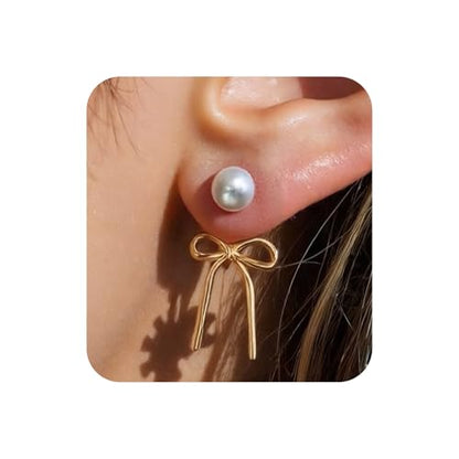 Gold Bow Earrings for Women, Long Tassel Chain Drop Earrings, Trendy Small Bow Earrings, Ribbon Waterfall Dangling Earrings, Pearl Bow Earrings, Sparkly Elegant Bowknot Preppy Jewelry Gifts for Women - color: Gold Bow-F