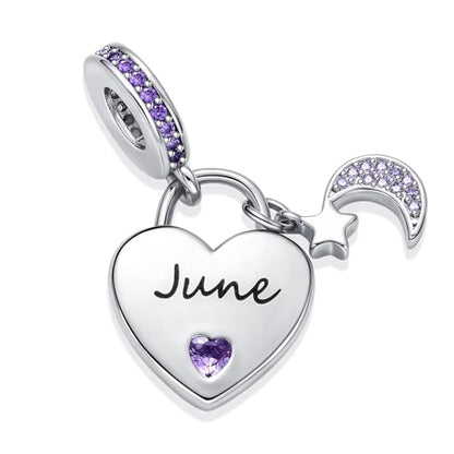 12 Months Birthstone Heart Charm Moon and Star Pendant Bead Compatible with Pandora Bracelet Women - style: June