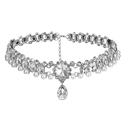 Bohemia Rhinestone Crystal Necklace Pearl Choker Wedding Jewelry Bridal Diamond Pendant for Women - color: Silver