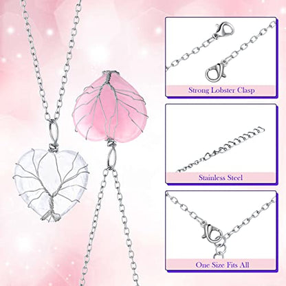 Sureio 4 Pcs Tree Life Healing Crystal Necklace Heart Shape Pendant Rose Quarts Necklace Energy Gemstone Pendant for Woman Valentine Mothers Day