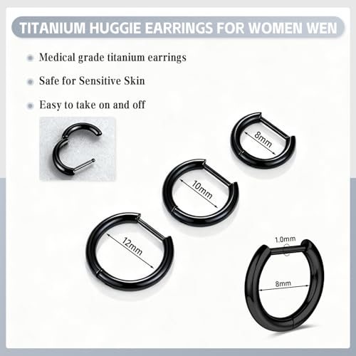 AOEDEJ G23 Titanium Black/Steel Gray/Gold Hoop Earrings 18G Small Huggie Hoop Earrings 8mm/10mm/12mm Cartilage for Sensitive Ears for Multiple Piercing Cartilage Hoop Earring Stack Jewelry - style: D-BK-8mm