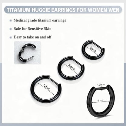 AOEDEJ G23 Titanium Black/Steel Gray/Gold Hoop Earrings 18G Small Huggie Hoop Earrings 8mm/10mm/12mm Cartilage for Sensitive Ears for Multiple Piercing Cartilage Hoop Earring Stack Jewelry - style: D-BK-8mm