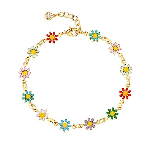 Gold Chain Bracelet for Women, 14K Gold Plated | Dainty Bracelets with Adjustable Chain, Trendy Jewelry Gift for Women - style: colorful daisies