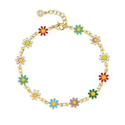Gold Chain Bracelet for Women, 14K Gold Plated | Dainty Bracelets with Adjustable Chain, Trendy Jewelry Gift for Women - style: colorful daisies