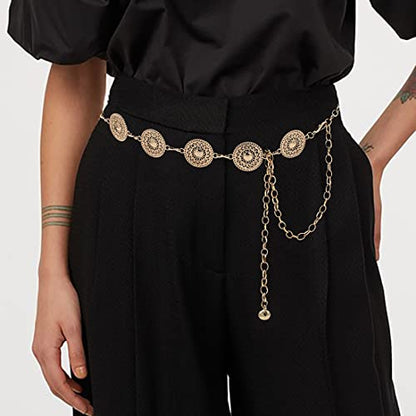Women's Chain Belt Metal Waist Belt Chunky Belly Link Belt - color: Pattern Gold, size: S: 41.3 in