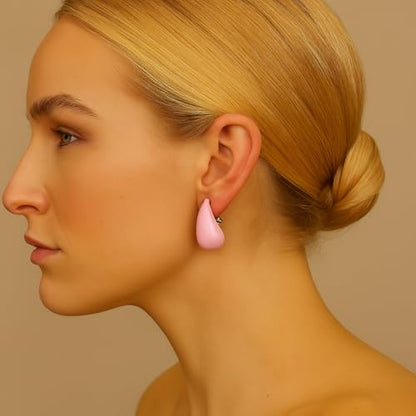 14K Gold Clip On Earrings Women,Teardrop Chunky Detachable Hoop Clip-On Earrings for Non Pierced Ears Hypoallergenic Lightweight Earring Clips - color: Pink