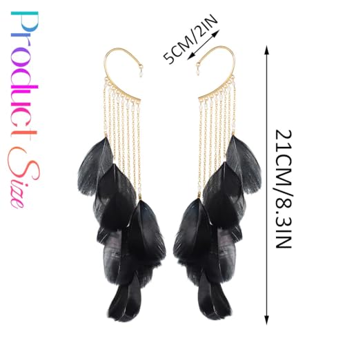 Catery Feather Earrings Long Tassel Boho Earrings Dangling Fringe Prom Jewelry for Women - color: Black