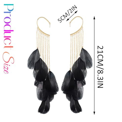 Catery Feather Earrings Long Tassel Boho Earrings Dangling Fringe Prom Jewelry for Women - color: Black