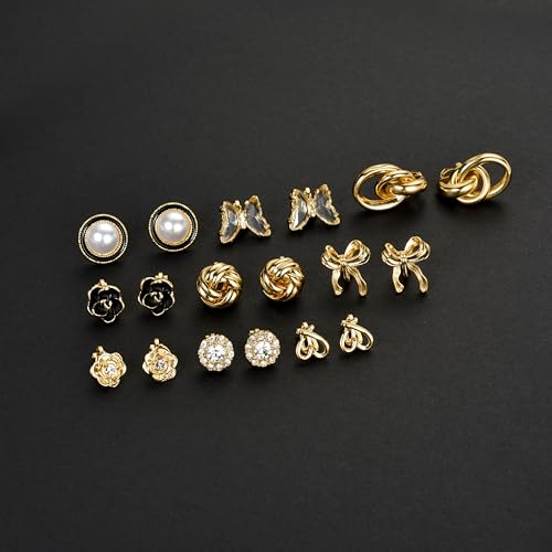 Tornito 10-15 Pairs Clip on Stud Earrings Non Pierced Teardrop Round Square CZ Pearl Twist Knot Flower Butterfly Heart Star Rainbow Cat Opal Clip on Earrings for Women - color: K:10 Pairs Gold Tone