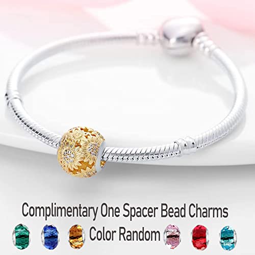 LNQOBU 925 Sterling Silver Charms for Bracelets Dangle Pendant fit Pandora Bracelets or Necklaces Jewelry Woman Gift Beads Charm (With one Spacer Beads) - style: D-Golden sunflower beads Charms