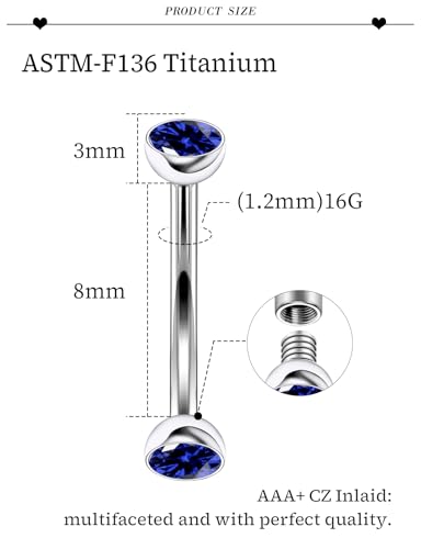 16G Astm F136 Titanium Eyebrow Piercing Jewelry Curved Barbell Eyebrow Ring Vertical Labret Lip Jewelry Daith Rook Earrings Navel Small Belly Button Ring Piercing Jewelry for Women Men CZ - style: 16G, 8MM Length, Round Blue CZ