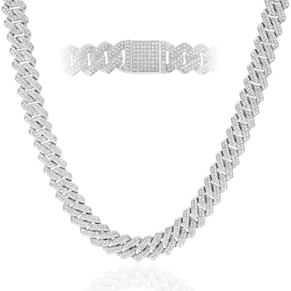 Mens Cuban Link Chain Iced Out Miami Cuban Necklace/Bracelet |14mm Silver & Gold Plated Chains | Bling Diamond Hip Hop Jewelry For Men Women - color: Silver, size: 18 inches