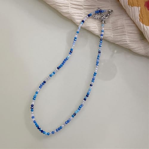 Dainty Colorful Crystal Beaded Chain Adjustable Lightweight Choker Necklace Handmade Bohemian Shiny 3mm Rice Stone Beads Necklace Boho Summer Beach Jewelry for Women - color: blue