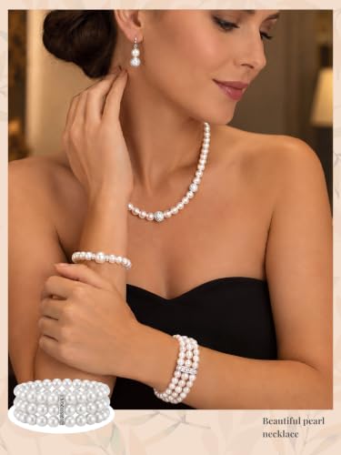 BBTO 8 Pcs Pearl Necklace and Earring Set for Women Faux Pearl Bracelet Costume Jewelry Set for Wedding Bridal Shower Party - style: Romantic Style